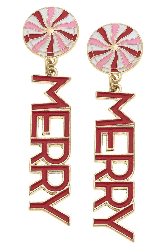 Merry Enamel Peppermint Candy Drop Earrings in Red