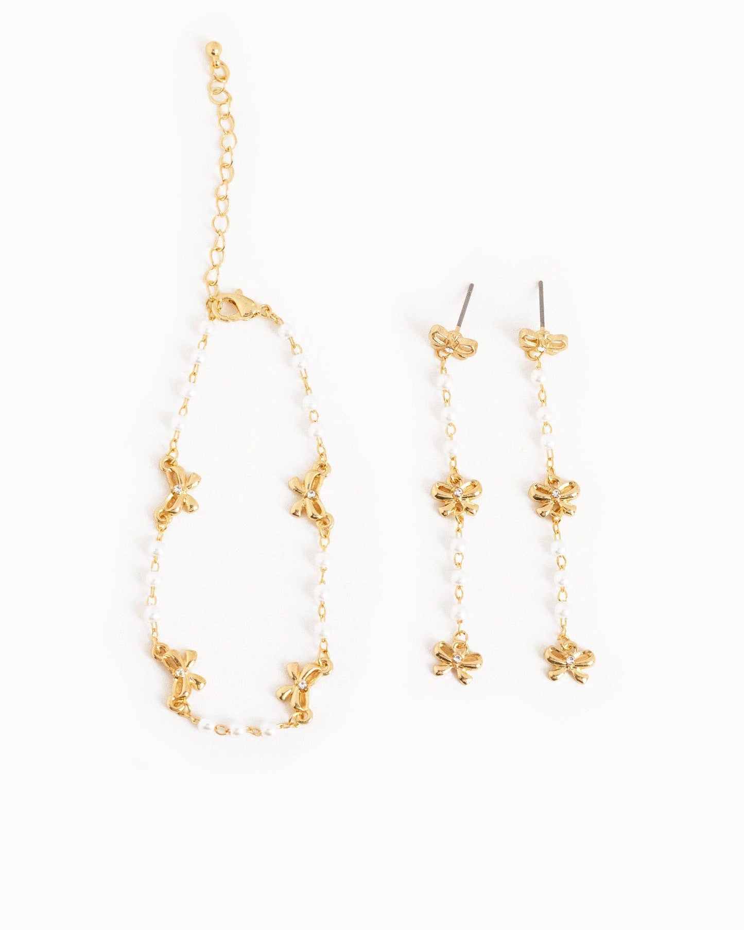 Dainty Triple Bow Pearl Line Drop Earrings