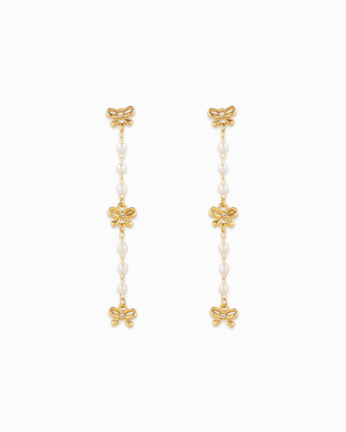 Dainty Triple Bow Pearl Line Drop Earrings