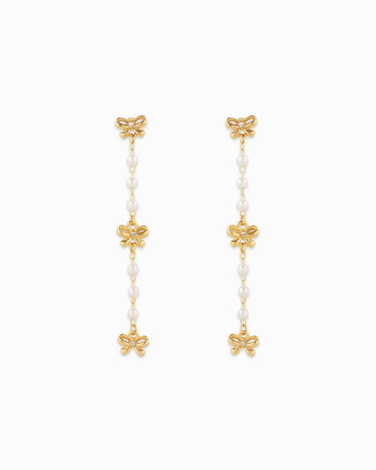 Dainty Triple Bow Pearl Line Drop Earrings