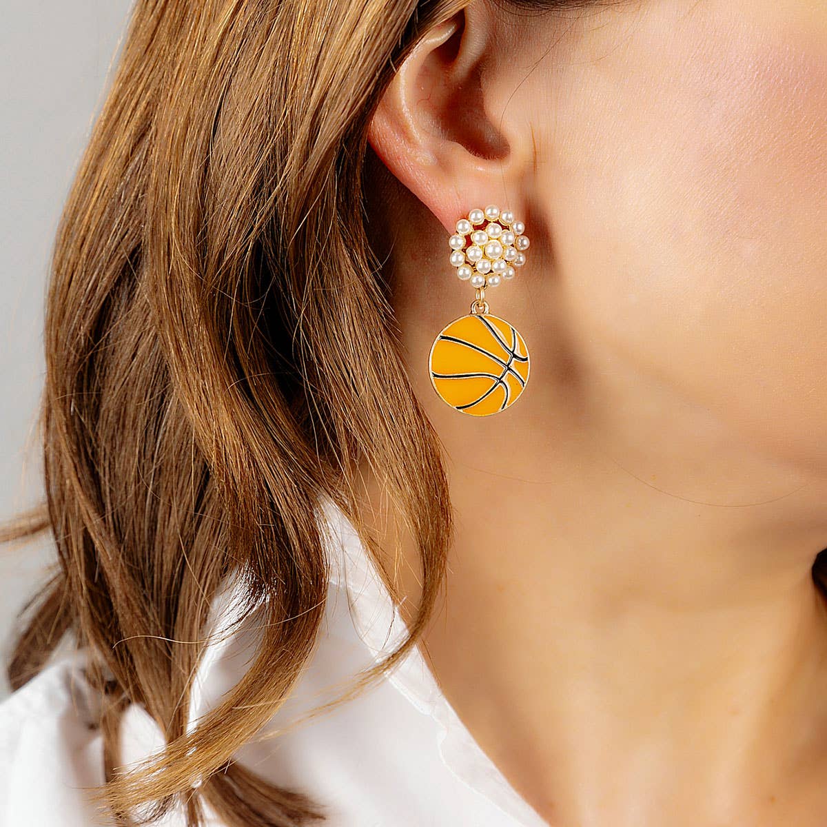 Basketball Pearl Cluster Enamel Drop Earrings in Orange