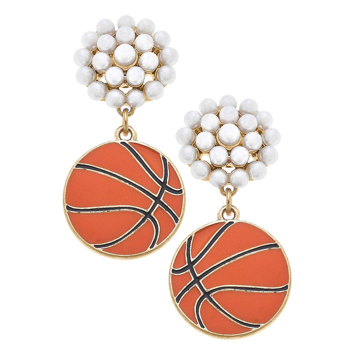 Basketball Pearl Cluster Enamel Drop Earrings in Orange