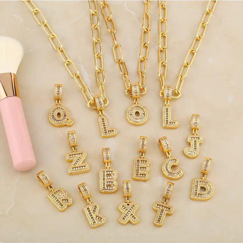 Chunky Gold Initial Letter Pendant Charms with Rhinestones