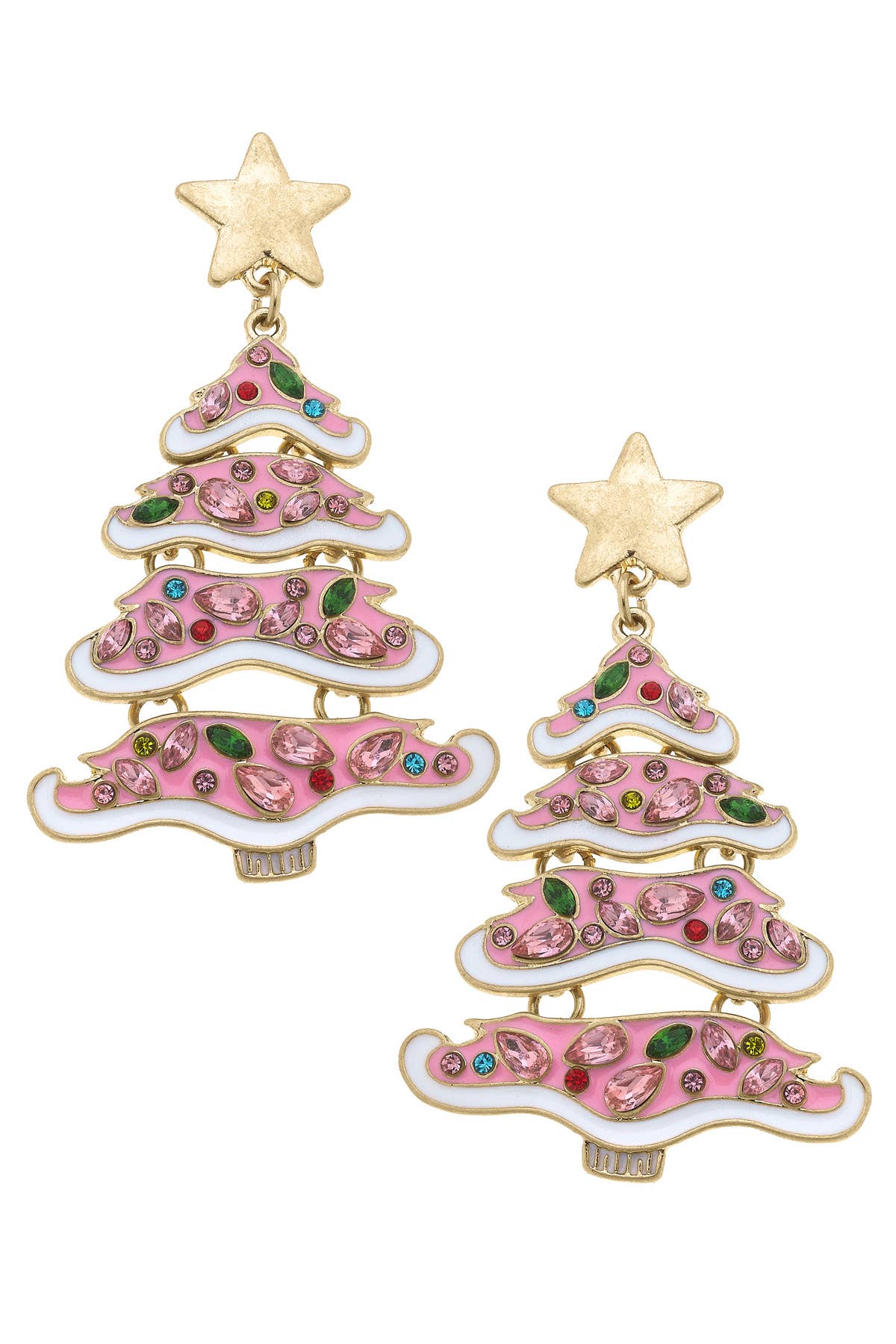 Jeweled Enamel Christmas Tree Statement Earrings in Pink