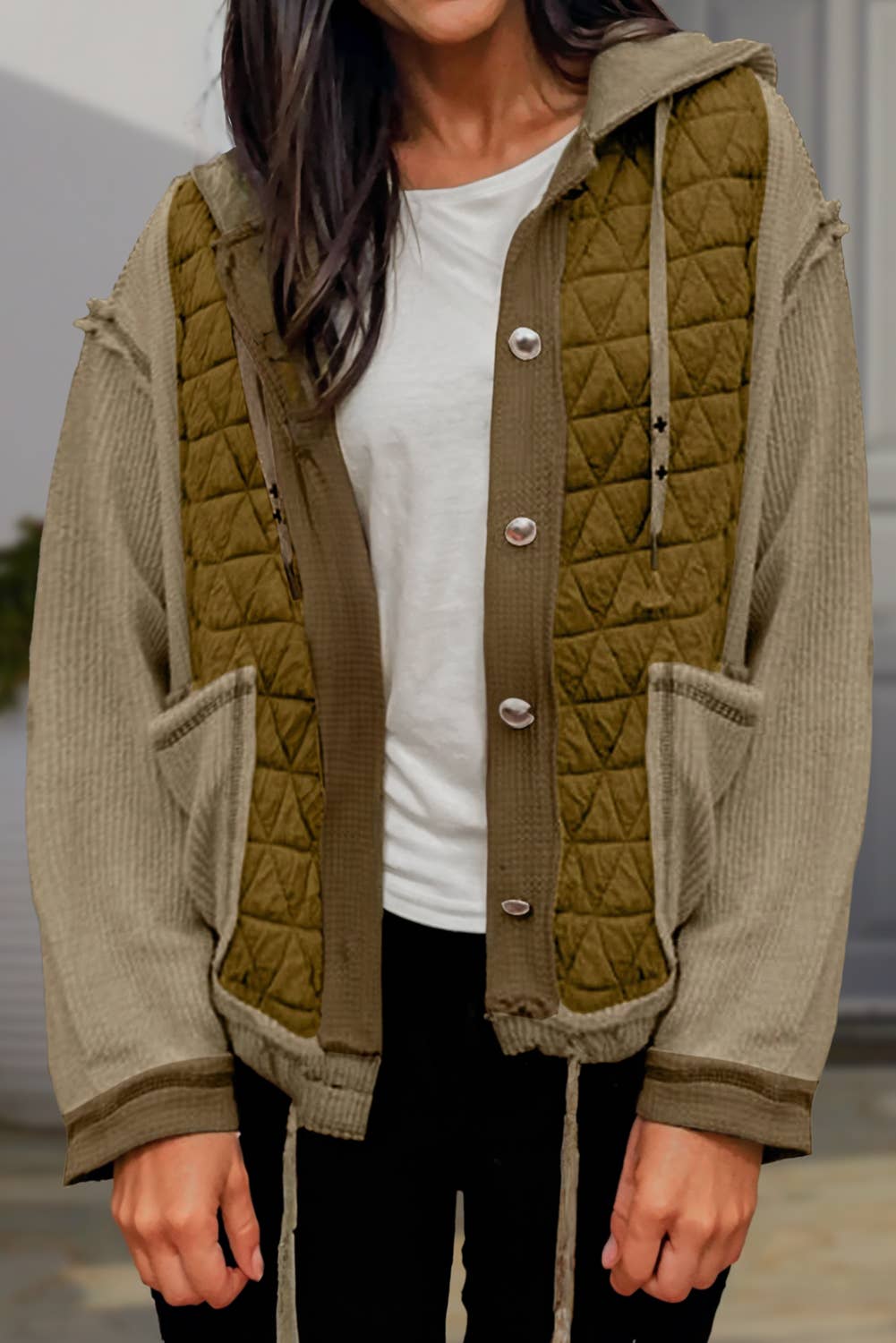 Patchwork Quilted Textured Loose Fit Hooded Jackets