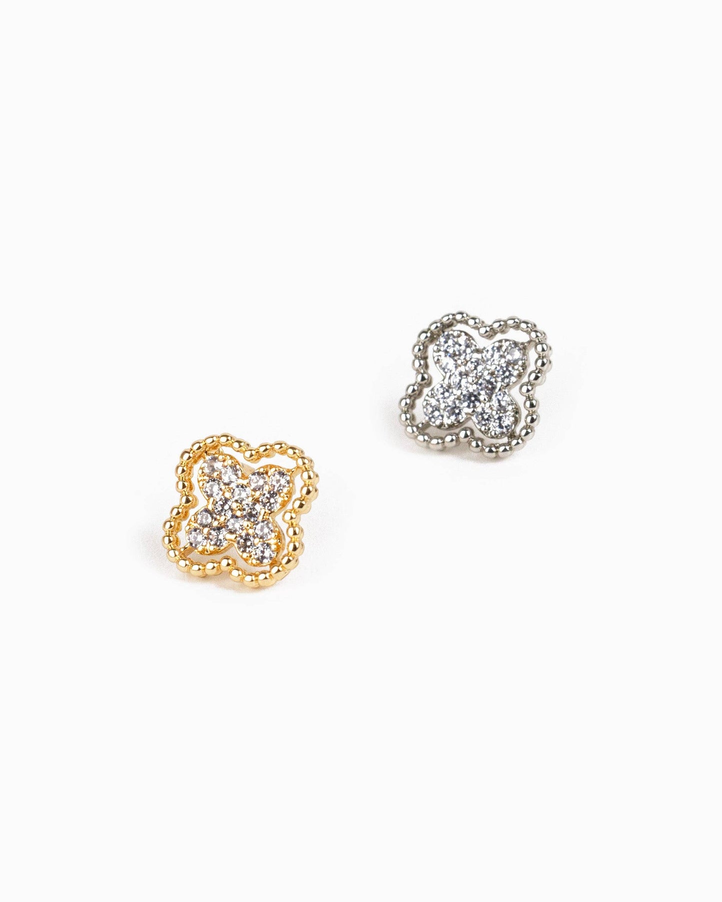 Open Frame CZ Pave Clover Stud Earrings