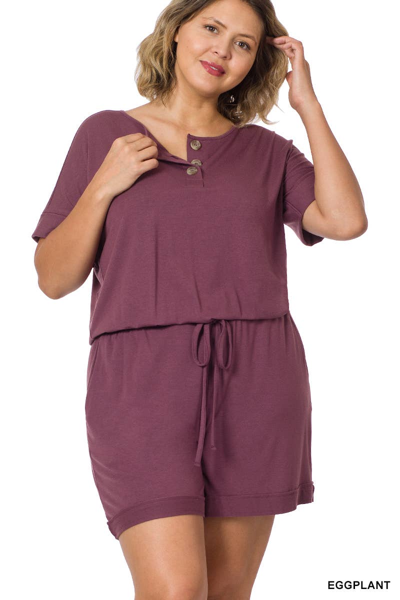 April Plus Short Sleeve Romper With Pockets