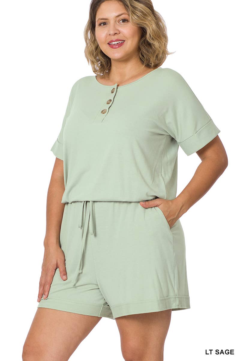 April Plus Short Sleeve Romper With Pockets