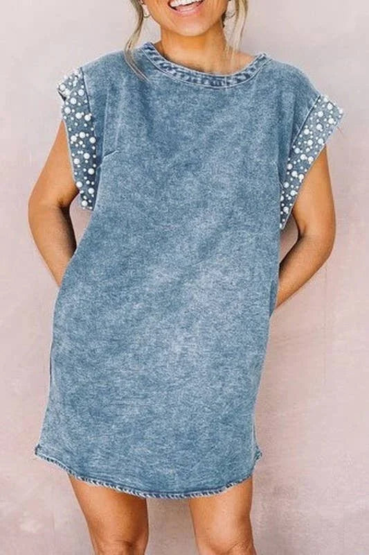 Denim Mini Dress With Pearl Detail