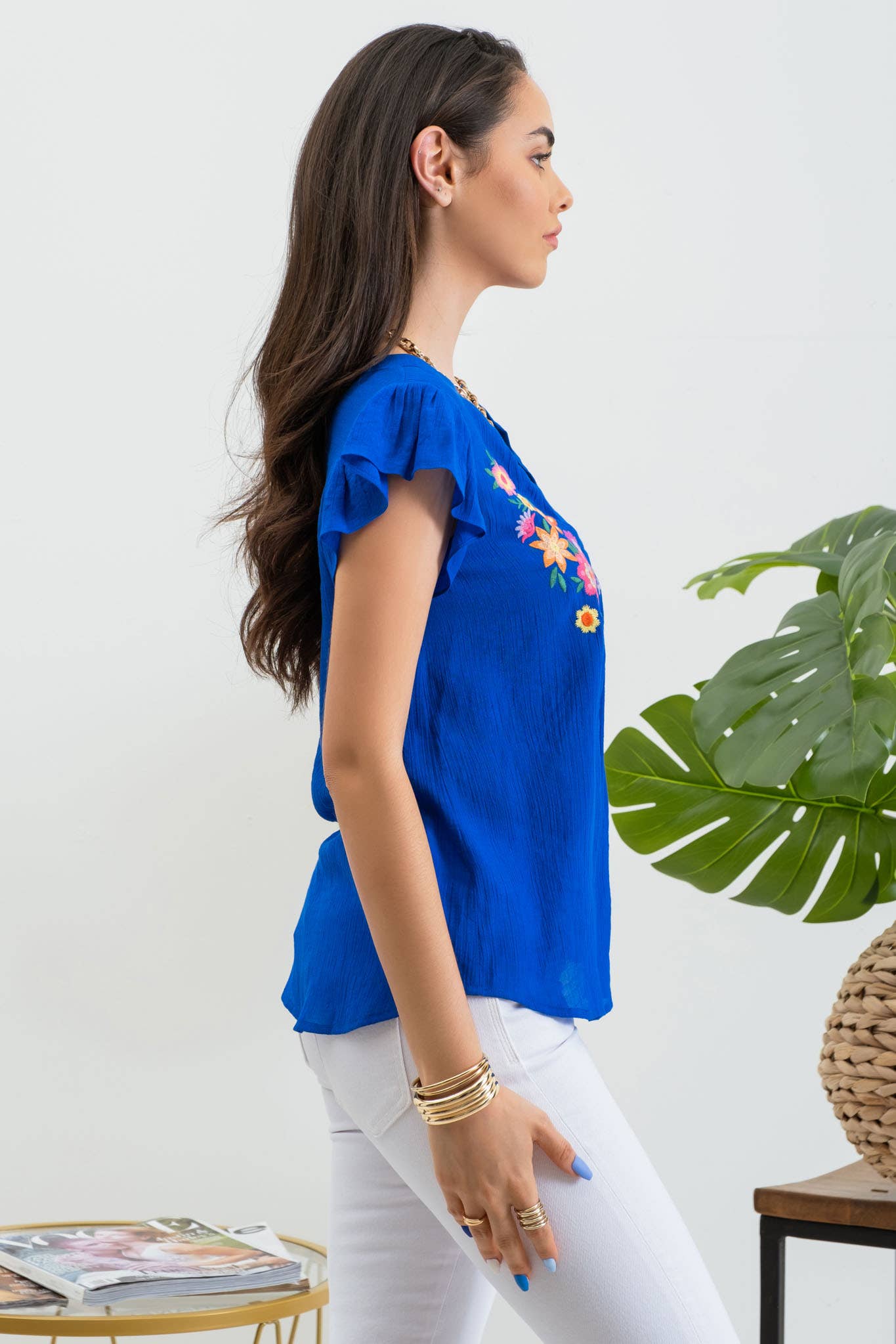 BELLA FLORAL EMBROIDERY SPLIT NECK BLOUSE