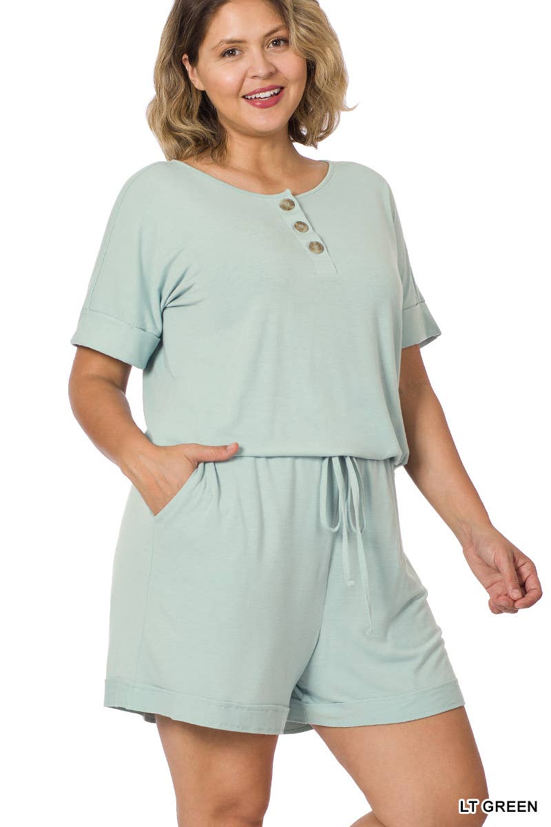 April Plus Short Sleeve Romper With Pockets