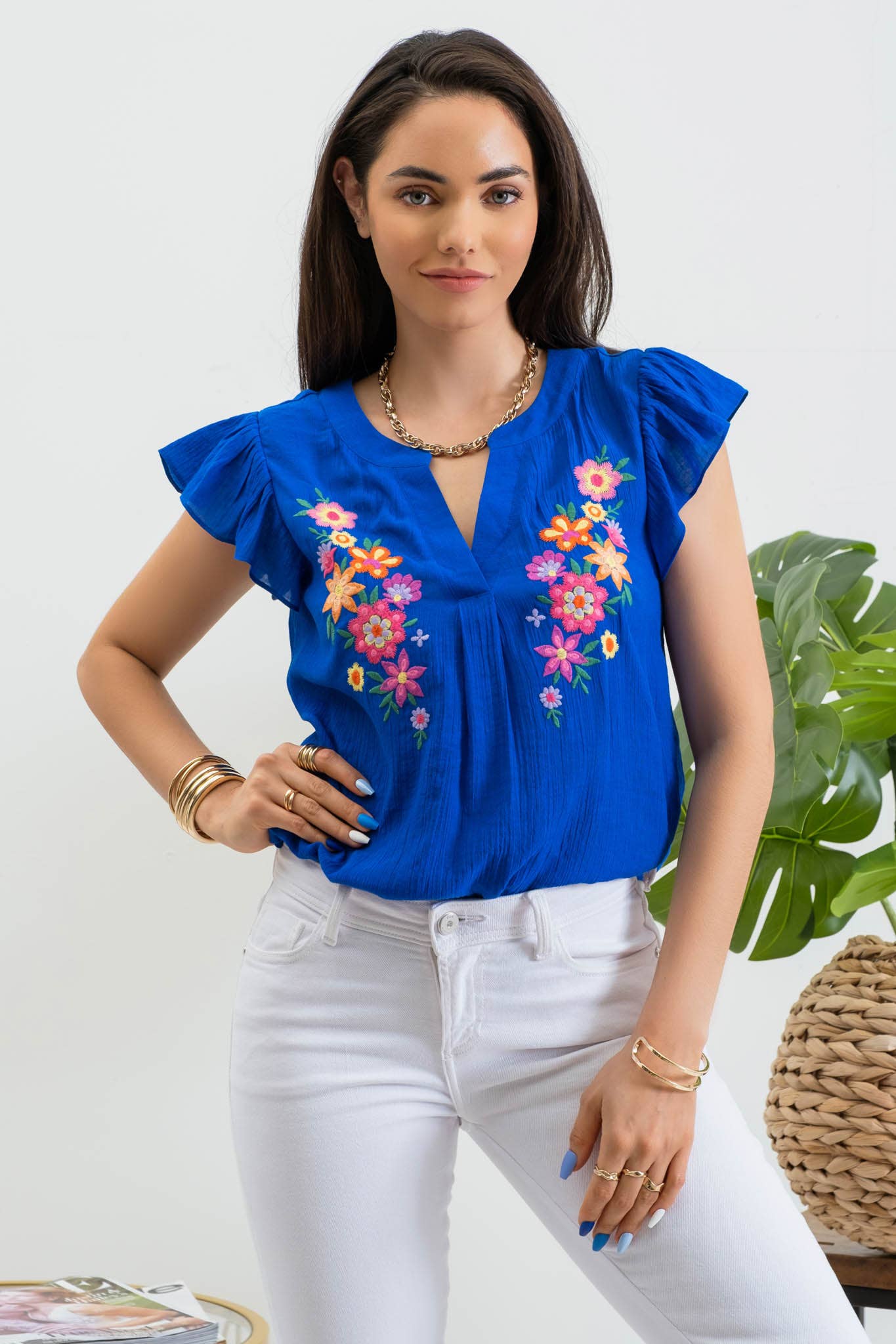 BELLA FLORAL EMBROIDERY SPLIT NECK BLOUSE